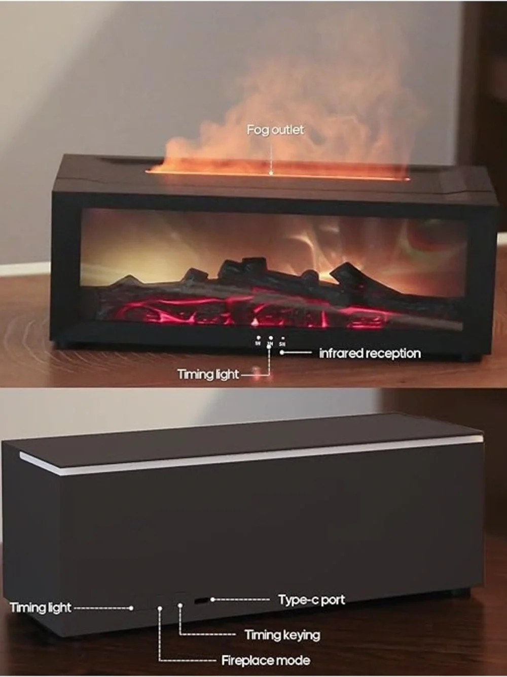 Essential Fireplace Flame Oil Diffuser Upgrade 7 Colors Noiseless Remote Control